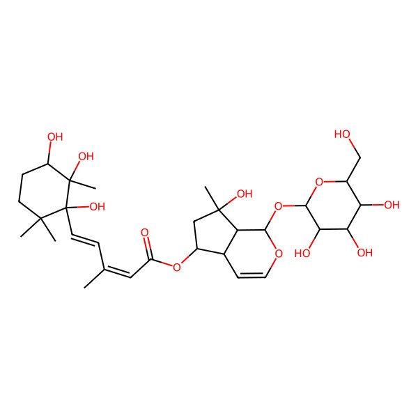 2D Structure of [(1S,4aR,5R,7S,7aS)-7-hydroxy-7-methyl-1-[(2S,3R,4S,5S,6R)-3,4,5-trihydroxy-6-(hydroxymethyl)oxan-2-yl]oxy-4a,5,6,7a-tetrahydro-1H-cyclopenta[c]pyran-5-yl] (2E,4E)-3-methyl-5-[(1R,2R,3R)-1,2,3-trihydroxy-2,6,6-trimethylcyclohexyl]penta-2,4-dienoate