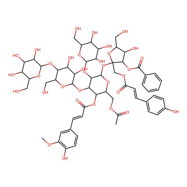 2D Structure of [(2S,3S,4R,5R)-2-[(2R,3R,4S,5R,6R)-6-(acetyloxymethyl)-4-[(2S,3R,4R,5S,6R)-3,4-dihydroxy-6-(hydroxymethyl)-5-[(2S,3R,4S,5S,6R)-3,4,5-trihydroxy-6-(hydroxymethyl)oxan-2-yl]oxyoxan-2-yl]oxy-5-[(E)-3-(4-hydroxy-3-methoxyphenyl)prop-2-enoyl]oxy-3-[(2S,3R,4S,5S,6R)-3,4,5-trihydroxy-6-(hydroxymethyl)oxan-2-yl]oxyoxan-2-yl]oxy-4-hydroxy-5-(hydroxymethyl)-2-[[(E)-3-(4-hydroxyphenyl)prop-2-enoyl]oxymethyl]oxolan-3-yl] benzoate