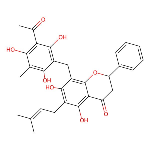 2D Structure of (2S)-8-[(3-acetyl-2,4,6-trihydroxy-5-methylphenyl)methyl]-5,7-dihydroxy-6-(3-methylbut-2-enyl)-2-phenyl-2,3-dihydrochromen-4-one