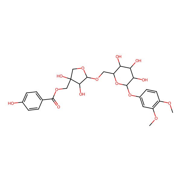 2D Structure of [(3S,4R,5R)-5-[[(2R,3S,4S,5R,6S)-6-(3,4-dimethoxyphenoxy)-3,4,5-trihydroxyoxan-2-yl]methoxy]-3,4-dihydroxyoxolan-3-yl]methyl 4-hydroxybenzoate