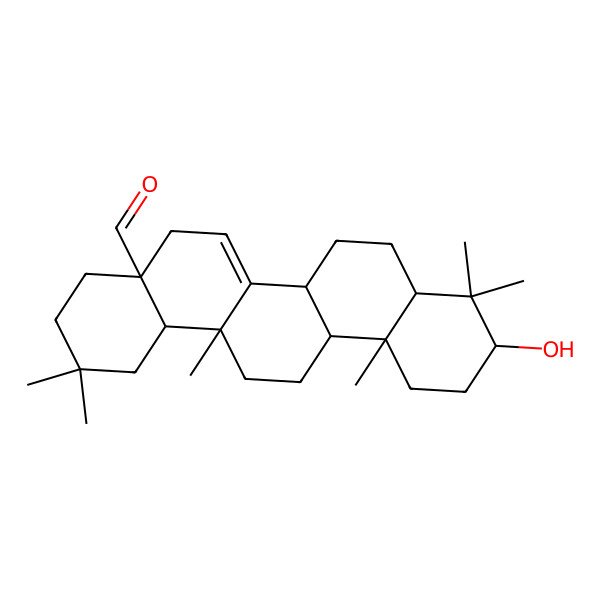 2D Structure of 10-hydroxy-2,2,9,9,12a,14a-hexamethyl-3,4,5,6a,6b,7,8,8a,10,11,12,13,14,14b-tetradecahydro-1H-picene-4a-carbaldehyde