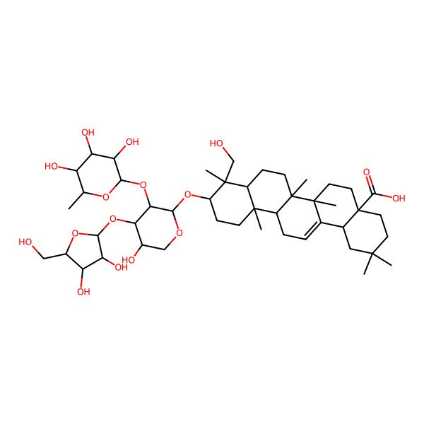 2D Structure of (4aS,6aR,6aS,6bR,8aR,9R,10S,12aR,14bS)-10-[(2R,3R,4S,5S)-4-[(2S,3R,4R,5S)-3,4-dihydroxy-5-(hydroxymethyl)oxolan-2-yl]oxy-5-hydroxy-3-[(2S,3R,4R,5R,6S)-3,4,5-trihydroxy-6-methyloxan-2-yl]oxyoxan-2-yl]oxy-9-(hydroxymethyl)-2,2,6a,6b,9,12a-hexamethyl-1,3,4,5,6,6a,7,8,8a,10,11,12,13,14b-tetradecahydropicene-4a-carboxylic acid