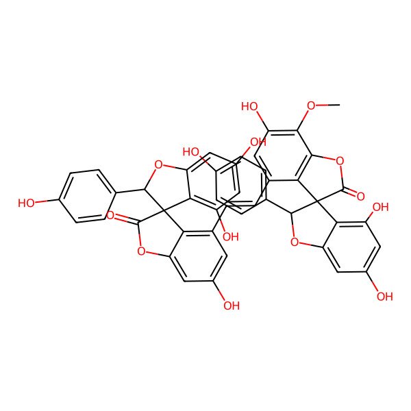 2D Structure of (2'R,3S)-4-[2-[(2'R,3S)-2'-(4-Hydroxyphenyl)-4',6,6'-trihydroxy-2-oxo-7-methoxyspiro[benzofuran-3(2H),3'(2'H)-benzofuran]-4-yl]ethenyl]-2'-(4-hydroxyphenyl)-4',6,6'-trihydroxy-2-oxospiro[benzofuran-3(2H),3'(2'H)-benzofuran]