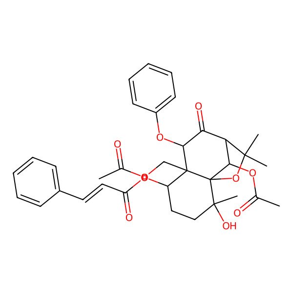 2D Structure of [(2S,5S,7S)-12-acetyloxy-6-(acetyloxymethyl)-2-hydroxy-2,10,10-trimethyl-8-oxo-7-phenoxy-11-oxatricyclo[7.2.1.01,6]dodecan-5-yl] (E)-3-phenylprop-2-enoate