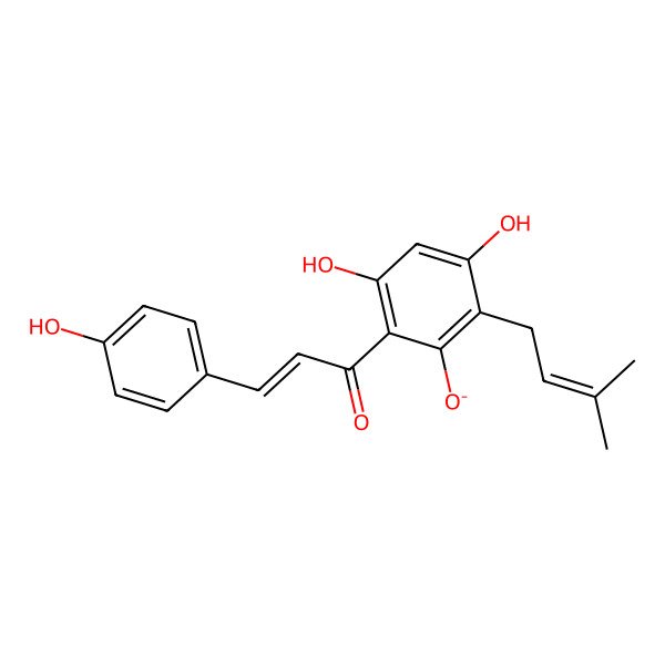 2D Structure of 3,5-dihydroxy-2-[(2E)-3-(4-hydroxyphenyl)prop-2-enoyl]-6-(3-methylbut-2-en-1-yl)phenolate