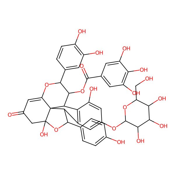 2D Structure of [(1S,8S,9R,11S,17R,18R,19S)-17-(3,4-dihydroxyphenyl)-3,11-dihydroxy-9-(4-hydroxyphenyl)-13-oxo-5-[(2S,3R,4S,5S,6R)-3,4,5-trihydroxy-6-(hydroxymethyl)oxan-2-yl]oxy-10,16-dioxapentacyclo[9.7.1.02,7.08,19.015,19]nonadeca-2(7),3,5,14-tetraen-18-yl] 3,4,5-trihydroxybenzoate