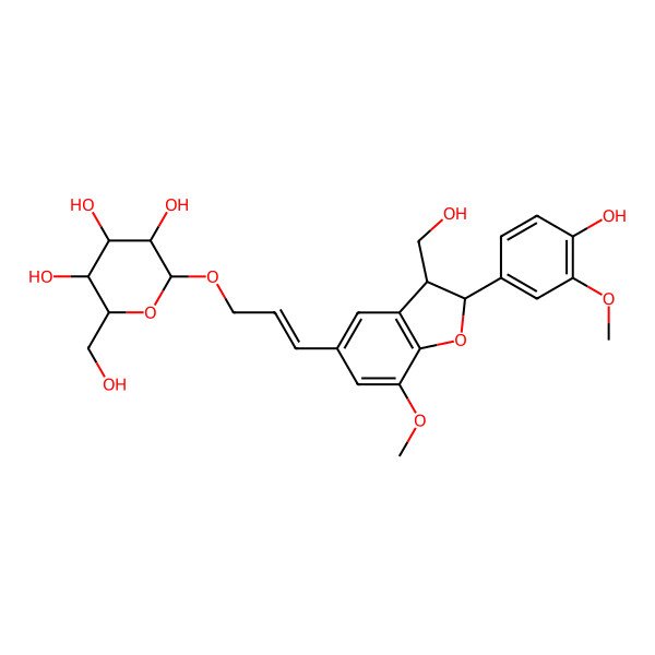 2D Structure of (2S)-2alpha-(3-Methoxy-4-hydroxyphenyl)-5-[(E)-3-(beta-D-glucopyranosyloxy)-1-propenyl]-7-methoxy-2,3-dihydrobenzofuran-3beta-methanol