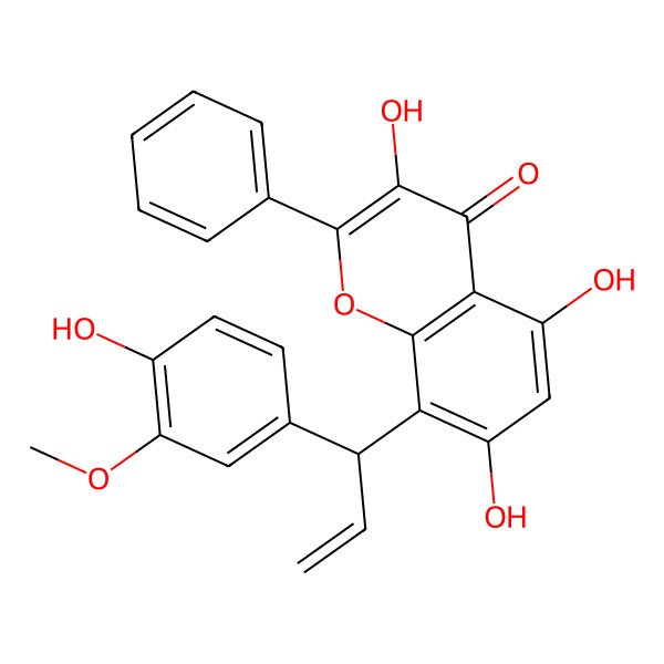 2D Structure of 3,5,7-trihydroxy-8-[(1R)-1-(4-hydroxy-3-methoxyphenyl)prop-2-enyl]-2-phenylchromen-4-one