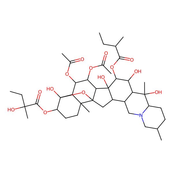 2D Structure of [(1S,2S,6S,9S,10S,11R,12R,13S,14S,15S,16S,17R,18R,19S,22S,23S)-16,17-diacetyloxy-10,12,14,23-tetrahydroxy-6,10,19-trimethyl-13-[(2R)-2-methylbutanoyl]oxy-24-oxa-4-azaheptacyclo[12.12.0.02,11.04,9.015,25.018,23.019,25]hexacosan-22-yl] (2S)-2-hydroxy-2-methylbutanoate