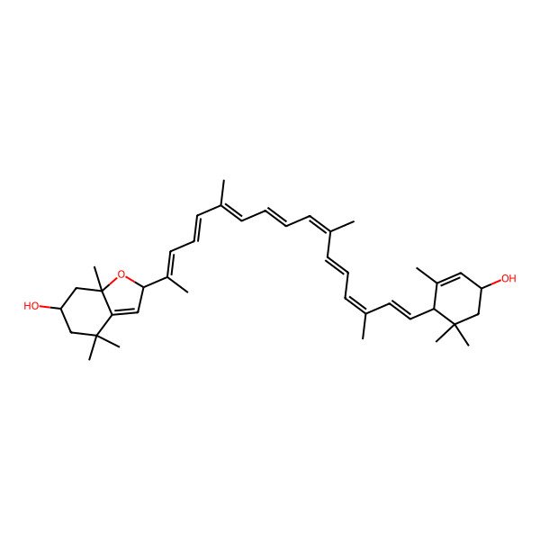 2D Structure of (2S,6S,7aR)-2-[(2Z,4E,6E,8E,10E,12E,14E,16E)-17-[(1R,4S)-4-hydroxy-2,6,6-trimethylcyclohex-2-en-1-yl]-6,11,15-trimethylheptadeca-2,4,6,8,10,12,14,16-octaen-2-yl]-4,4,7a-trimethyl-2,5,6,7-tetrahydro-1-benzofuran-6-ol