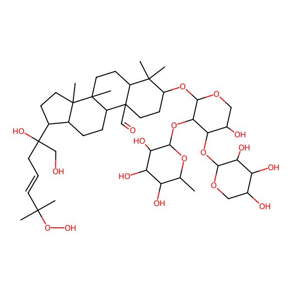 2D Structure of (3S,5S,8R,9S,10S,13R,14R,17S)-17-[(E,2S)-6-hydroperoxy-1,2-dihydroxy-6-methylhept-4-en-2-yl]-3-[(2S,3R,4S,5S)-5-hydroxy-3-[(2S,3R,4R,5R,6S)-3,4,5-trihydroxy-6-methyloxan-2-yl]oxy-4-[(2S,3R,4S,5R)-3,4,5-trihydroxyoxan-2-yl]oxyoxan-2-yl]oxy-4,4,8,14-tetramethyl-2,3,5,6,7,9,11,12,13,15,16,17-dodecahydro-1H-cyclopenta[a]phenanthrene-10-carbaldehyde