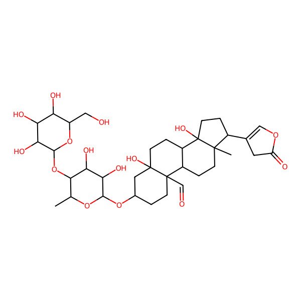 2D Structure of 3-[3,4-dihydroxy-6-methyl-5-[3,4,5-trihydroxy-6-(hydroxymethyl)oxan-2-yl]oxyoxan-2-yl]oxy-5,14-dihydroxy-13-methyl-17-(2-oxo-3H-furan-4-yl)-2,3,4,6,7,8,9,11,12,15,16,17-dodecahydro-1H-cyclopenta[a]phenanthrene-10-carbaldehyde