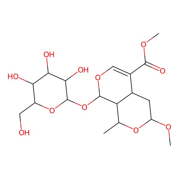 2D Structure of (1S)-1alpha-(beta-D-Glucopyranosyloxy)-6beta-methoxy-8beta-methyl-4aalpha,5,8,8aalpha-tetrahydro-1H,6H-pyrano[3,4-c]pyran-4-carboxylic acid methyl ester