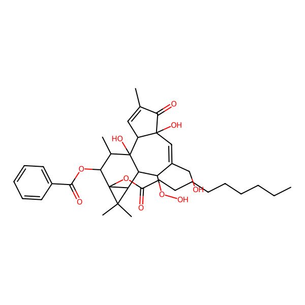 2D Structure of [(1R,2S,6R,9R,10R,11R,13S,14R,15R)-13-decanoyloxy-9-hydroperoxy-1,6-dihydroxy-8-(hydroxymethyl)-4,12,12,15-tetramethyl-5-oxo-14-tetracyclo[8.5.0.02,6.011,13]pentadeca-3,7-dienyl] benzoate