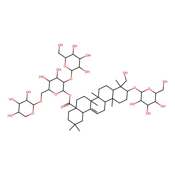 2D Structure of [(2S,3R,4S,5S,6R)-4,5-dihydroxy-3-[(2R,3R,4S,5S,6R)-3,4,5-trihydroxy-6-(hydroxymethyl)oxan-2-yl]oxy-6-[[(2S,3R,4S,5R)-3,4,5-trihydroxyoxan-2-yl]oxymethyl]oxan-2-yl] (4aS,6aR,6aS,6bR,8aR,9R,10S,12aR,14bS)-9-(hydroxymethyl)-2,2,6a,6b,9,12a-hexamethyl-10-[(2R,3R,4S,5S,6R)-3,4,5-trihydroxy-6-(hydroxymethyl)oxan-2-yl]oxy-1,3,4,5,6,6a,7,8,8a,10,11,12,13,14b-tetradecahydropicene-4a-carboxylate