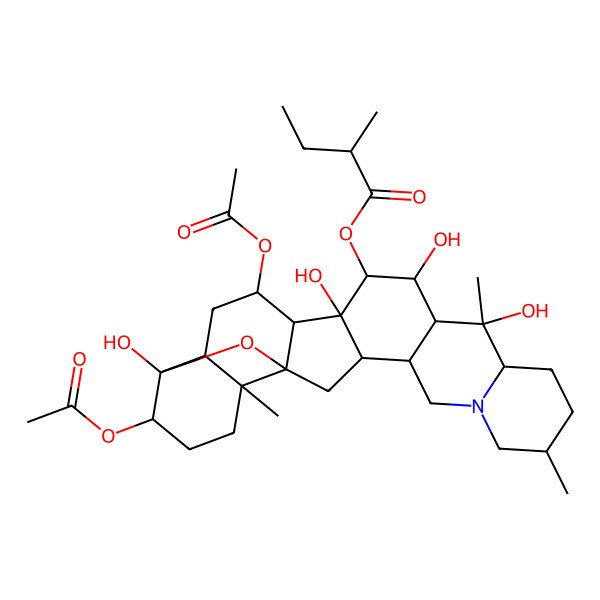 2D Structure of 3,7-Bis(acetyloxy)-4,14,16,20-tetrahydroxy-4,9-epoxycevan-15-yl 2-methylbutanoate