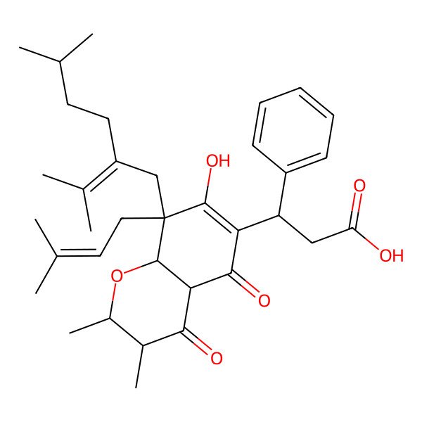 2D Structure of 3-[(2R,3S)-7-hydroxy-2,3-dimethyl-8-(3-methylbut-2-enyl)-8-(5-methyl-2-propan-2-ylidenehexyl)-4,5-dioxo-2,3,4a,8a-tetrahydrochromen-6-yl]-3-phenylpropanoic acid