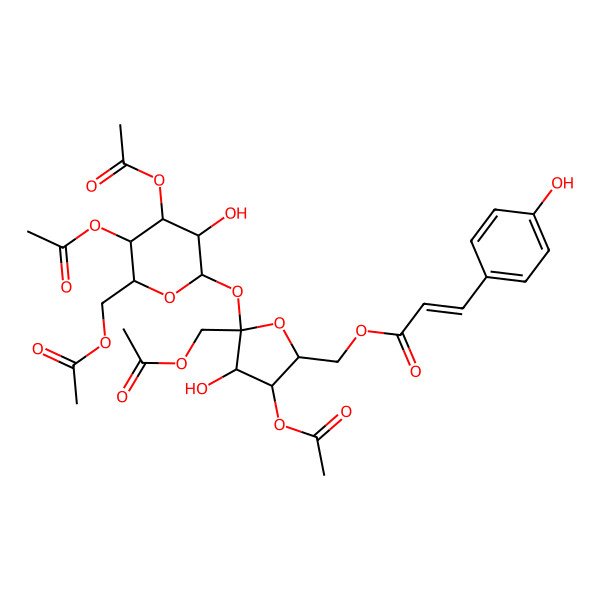 2D Structure of 1-O,4-O-Diacetyl-6-O-[(E)-3-(4-hydroxyphenyl)-1-oxo-2-propenyl]-2-deoxy-beta-D-fructofuranose-2-yl 3-O,4-O,6-O-triacetyl-alpha-D-glucopyranoside