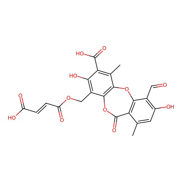 2D Structure of ((7-Carboxy-4-formyl-3,8-dihydroxy-1,6-dimethyl-11-oxo-11H-dibenzo(b,e)(1,4)dioxepin-9-yl)methyl) hydrogen fumarate 2D Structure of ((7-Carboxy-4-formyl-3,8-dihydroxy-1,6-dimethyl-11-oxo-11H-dibenzo(b,e)(1,4)dioxepin-9-yl)methyl) hydrogen fumarate