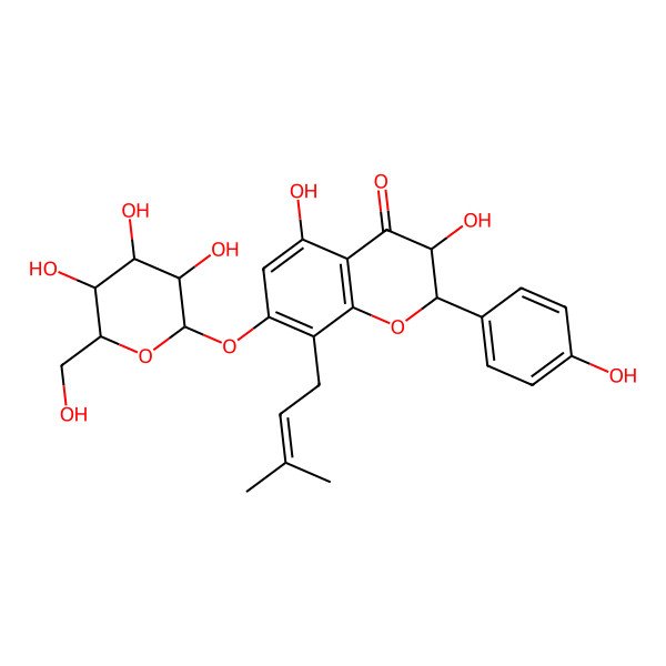 2D Structure of (2S,3R)-3,5-dihydroxy-2-(4-hydroxyphenyl)-8-(3-methylbut-2-enyl)-7-[(2S,3R,4S,5S,6R)-3,4,5-trihydroxy-6-(hydroxymethyl)oxan-2-yl]oxy-2,3-dihydrochromen-4-one