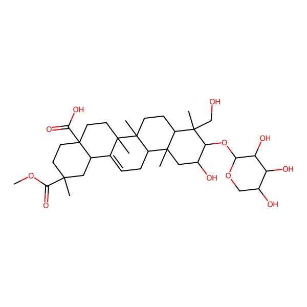 2D Structure of (2S,4aR,6aR,6aS,6bR,8aR,10R,11S,12aR,14bS)-11-hydroxy-9-(hydroxymethyl)-2-methoxycarbonyl-2,6a,6b,9,12a-pentamethyl-10-[(2S,3R,4S,5R)-3,4,5-trihydroxyoxan-2-yl]oxy-1,3,4,5,6,6a,7,8,8a,10,11,12,13,14b-tetradecahydropicene-4a-carboxylic acid