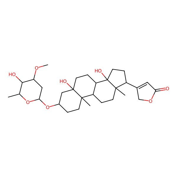 2D Structure of 3-[(3R,5S,10R,13R,14S,17R)-5,14-dihydroxy-3-[(2R,5R)-5-hydroxy-4-methoxy-6-methyloxan-2-yl]oxy-10,13-dimethyl-2,3,4,6,7,8,9,11,12,15,16,17-dodecahydro-1H-cyclopenta[a]phenanthren-17-yl]-2H-furan-5-one