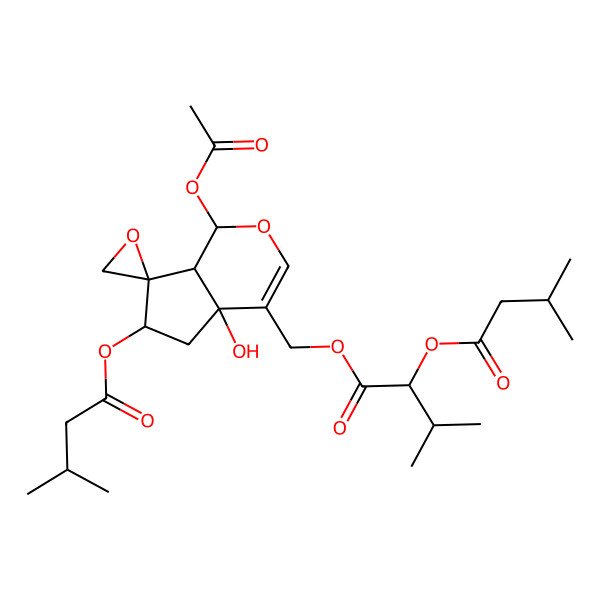2D Structure of [1-Acetyloxy-4a-hydroxy-6-(3-methylbutanoyloxy)spiro[1,5,6,7a-tetrahydrocyclopenta[c]pyran-7,2'-oxirane]-4-yl]methyl 3-methyl-2-(3-methylbutanoyloxy)butanoate