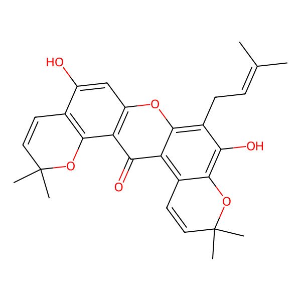 2D Structure of 10,16-Dihydroxy-6,6,19,19-tetramethyl-15-(3-methylbut-2-enyl)-5,13,18-trioxapentacyclo[12.8.0.03,12.04,9.017,22]docosa-1(22),3(12),4(9),7,10,14,16,20-octaen-2-one