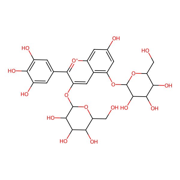 2D Structure of (3S,4S,6S)-2-(hydroxymethyl)-6-[7-hydroxy-3-[(2S,5S)-3,4,5-trihydroxy-6-(hydroxymethyl)oxan-2-yl]oxy-2-(3,4,5-trihydroxyphenyl)chromenylium-5-yl]oxyoxane-3,4,5-triol