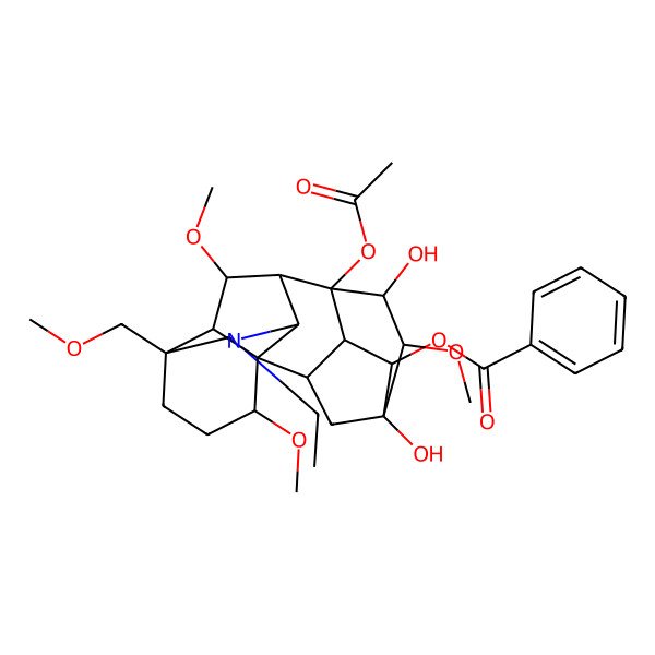 2D Structure of [(1S,2R,3R,4R,5R,6S,7S,8R,10R,13S,16S,17R,18R)-8-acetyloxy-11-ethyl-5,7-dihydroxy-6,16,18-trimethoxy-13-(methoxymethyl)-11-azahexacyclo[7.7.2.12,5.01,10.03,8.013,17]nonadecan-4-yl] benzoate