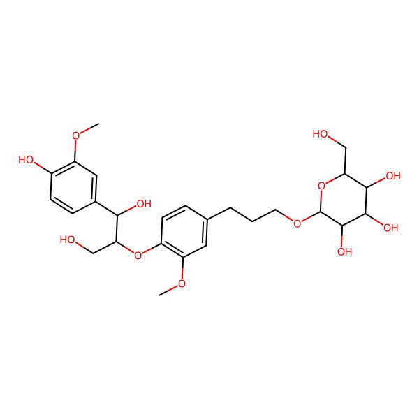 2D Structure of 2-Methoxy-4-[(1S,2R)-1,3-dihydroxy-2-[2-methoxy-4-[3-(beta-D-glucopyranosyloxy)propyl]phenoxy]propyl]phenol