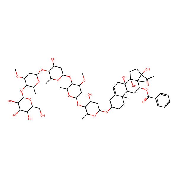 2D Structure of [(3S,8S,9R,10R,12R,13S,14R,17S)-17-acetyl-8,14,17-trihydroxy-3-[(2R,4S,5S,6R)-4-hydroxy-5-[(2S,4R,5R,6R)-5-[(2S,4R,5S,6R)-4-hydroxy-5-[(2S,4R,5R,6R)-4-methoxy-6-methyl-5-[(2S,3R,4S,5S,6R)-3,4,5-trihydroxy-6-(hydroxymethyl)oxan-2-yl]oxyoxan-2-yl]oxy-6-methyloxan-2-yl]oxy-4-methoxy-6-methyloxan-2-yl]oxy-6-methyloxan-2-yl]oxy-10,13-dimethyl-1,2,3,4,7,9,11,12,15,16-decahydrocyclopenta[a]phenanthren-12-yl] benzoate