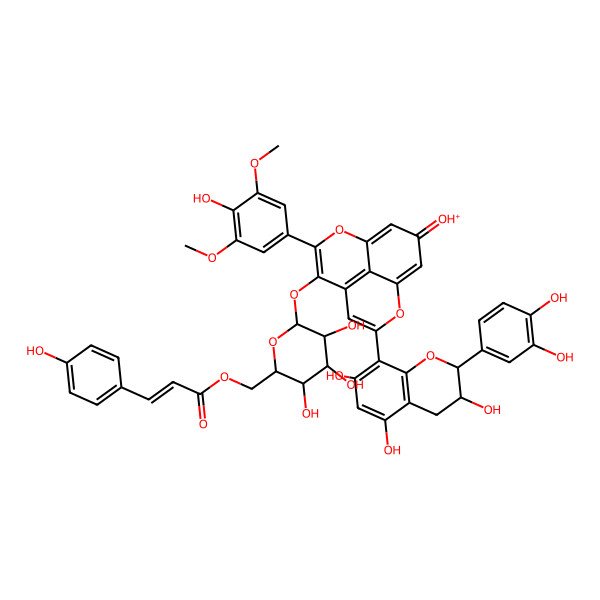 2D Structure of 2-(4-Hydroxy-3,5-dimethoxyphenyl)-3-[6-O-[3-(4-hydroxyphenyl)acryloyl]-beta-D-glucopyranosyloxy]-7-hydroxy-10-[2alpha-(3,4-dihydroxyphenyl)-3alpha,5,7-trihydroxy-3,4-dihydro-2H-1-benzopyran-8-yl]-5,4-(epoxyetheno)-1-benzopyrylium