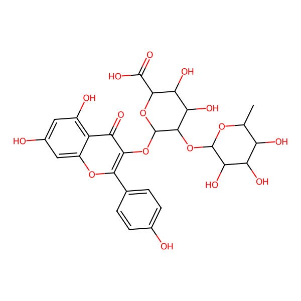 2D Structure of (2S,3S,4S,5R,6S)-6-[5,7-dihydroxy-2-(4-hydroxyphenyl)-4-oxochromen-3-yl]oxy-3,4-dihydroxy-5-[(2S,3R,4R,5R,6S)-3,4,5-trihydroxy-6-methyloxan-2-yl]oxyoxane-2-carboxylic acid