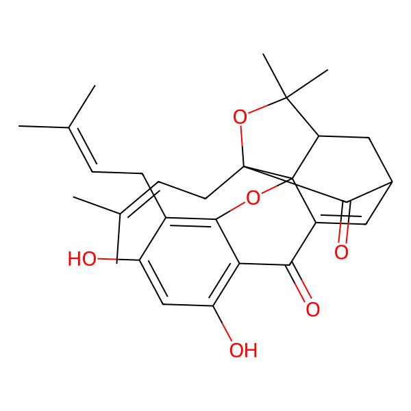 2D Structure of (1S,2S,13S,15R)-6,8-dihydroxy-17,17-dimethyl-5,15-bis(3-methylbut-2-enyl)-3,16-dioxapentacyclo[11.4.1.02,11.02,15.04,9]octadeca-4,6,8,11-tetraene-10,14-dione