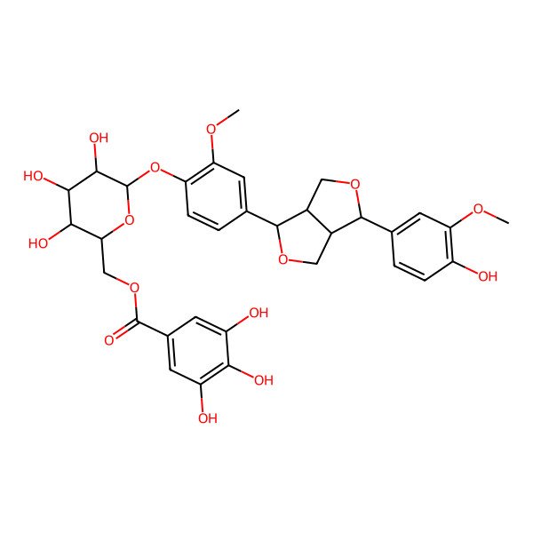2D Structure of [(2R,3S,4S,5R,6S)-6-[4-[(3S,3aR,6S,6aR)-3-(4-hydroxy-3-methoxyphenyl)-1,3,3a,4,6,6a-hexahydrofuro[3,4-c]furan-6-yl]-2-methoxyphenoxy]-3,4,5-trihydroxyoxan-2-yl]methyl 3,4,5-trihydroxybenzoate