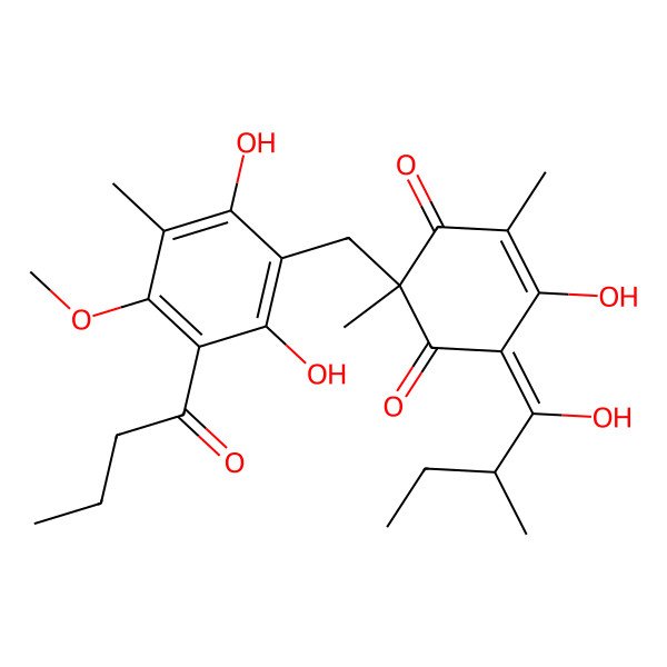 2D Structure of (6Z)-2-[(3-butanoyl-2,6-dihydroxy-4-methoxy-5-methylphenyl)methyl]-5-hydroxy-6-(1-hydroxy-2-methylbutylidene)-2,4-dimethylcyclohex-4-ene-1,3-dione