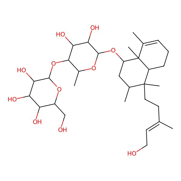 2D Structure of (5alpha,8alpha,9S,10beta,13E)-6alpha-[(4-O-beta-D-Glucopyranosyl-alpha-L-rhamnopyranosyl)oxy]cleroda-3,13-diene-15-ol