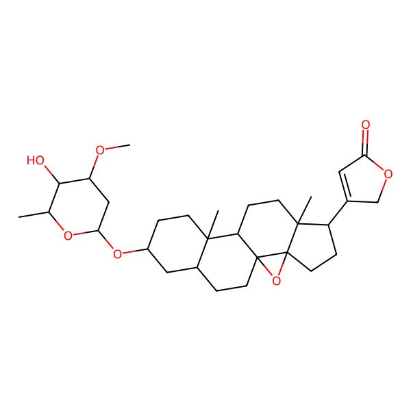 2D Structure of 3-[14-[(2R,4R,5S,6R)-5-hydroxy-4-methoxy-6-methyloxan-2-yl]oxy-7,11-dimethyl-2-oxapentacyclo[8.8.0.01,3.03,7.011,16]octadecan-6-yl]-2H-furan-5-one