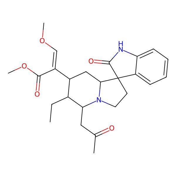 2D Structure of methyl (Z)-2-[(3R,5'S,6'R,7'S,8'aS)-6'-ethyl-2-oxo-5'-(2-oxopropyl)spiro[1H-indole-3,1'-3,5,6,7,8,8a-hexahydro-2H-indolizine]-7'-yl]-3-methoxyprop-2-enoate