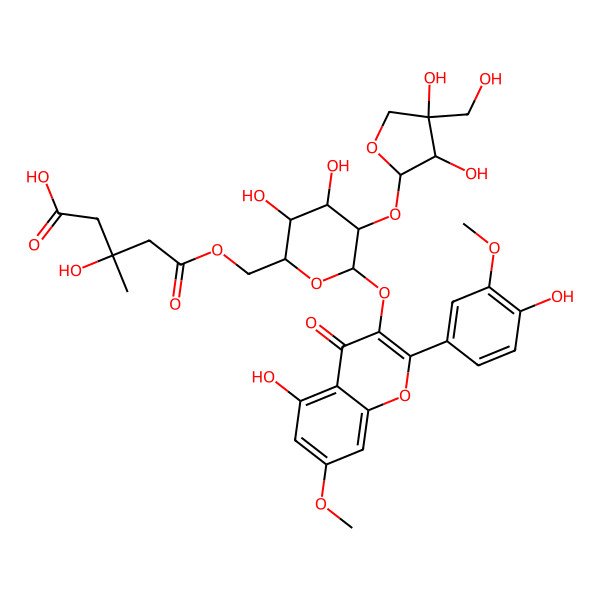 2D Structure of (3S)-5-[[(2R,3S,4S,5R,6S)-5-[(2S,3R,4R)-3,4-dihydroxy-4-(hydroxymethyl)oxolan-2-yl]oxy-3,4-dihydroxy-6-[5-hydroxy-2-(4-hydroxy-3-methoxyphenyl)-7-methoxy-4-oxochromen-3-yl]oxyoxan-2-yl]methoxy]-3-hydroxy-3-methyl-5-oxopentanoic acid