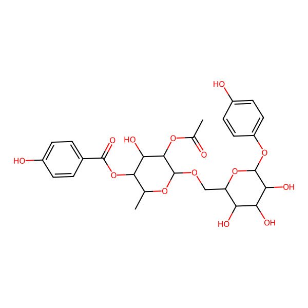 2D Structure of [(2S,3R,4R,5R,6R)-5-acetyloxy-4-hydroxy-2-methyl-6-[[(2R,3S,4S,5R,6S)-3,4,5-trihydroxy-6-(4-hydroxyphenoxy)oxan-2-yl]methoxy]oxan-3-yl] 4-hydroxybenzoate