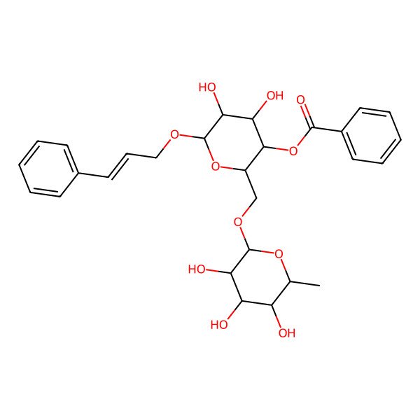 2D Structure of [(2R,3S,4R,5R,6R)-4,5-dihydroxy-6-[(E)-3-phenylprop-2-enoxy]-2-[[(2R,3R,4R,5R,6S)-3,4,5-trihydroxy-6-methyloxan-2-yl]oxymethyl]oxan-3-yl] benzoate