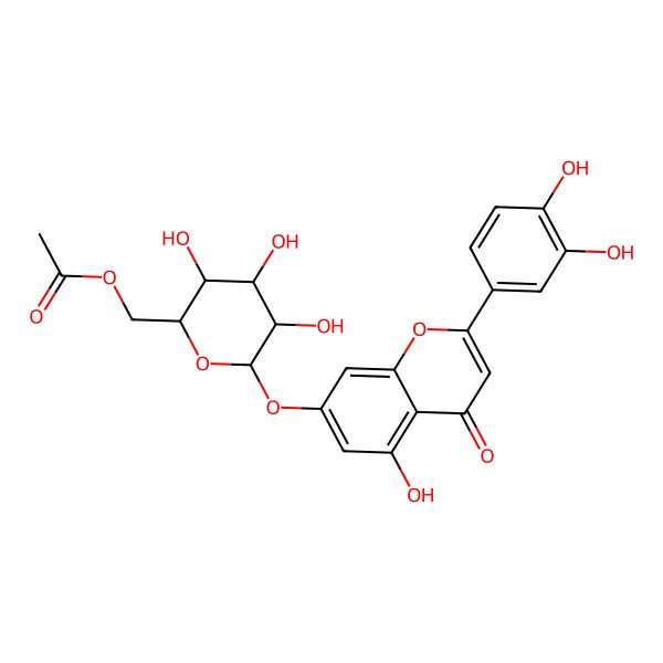 2D Structure of [(2R,3S,4S,5R,6S)-6-[2-(3,4-dihydroxyphenyl)-5-hydroxy-4-oxochromen-7-yl]oxy-3,4,5-trihydroxyoxan-2-yl]methyl acetate