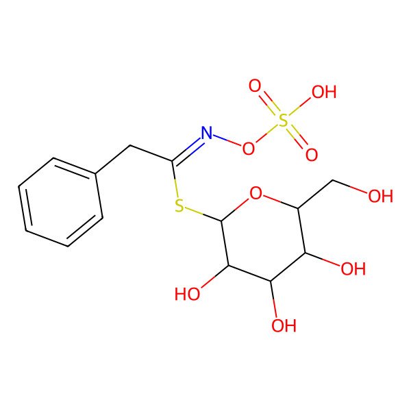 2D Structure of {[(E)-(2-phenyl-1-{[3,4,5-trihydroxy-6-(hydroxymethyl)oxan-2-yl]sulfanyl}ethylidene)amino]oxy}sulfonic acid