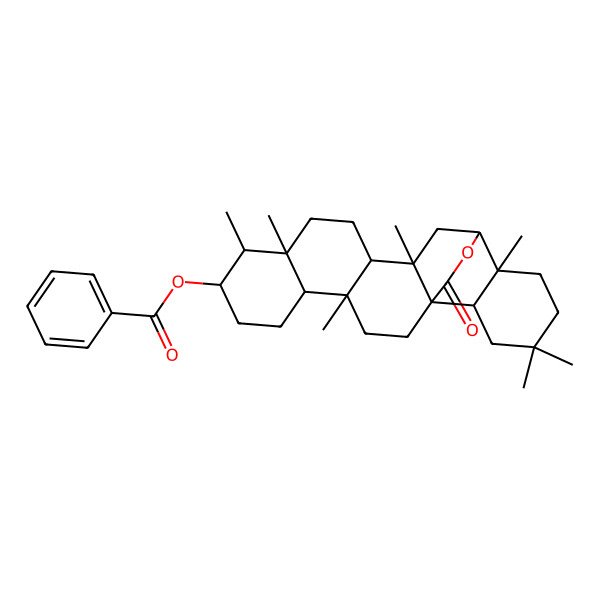 2D Structure of 3alpha-(Benzoyloxy)-16alpha-hydroxy-D:A-friedoolean-27-oic acid 27,16-lactone