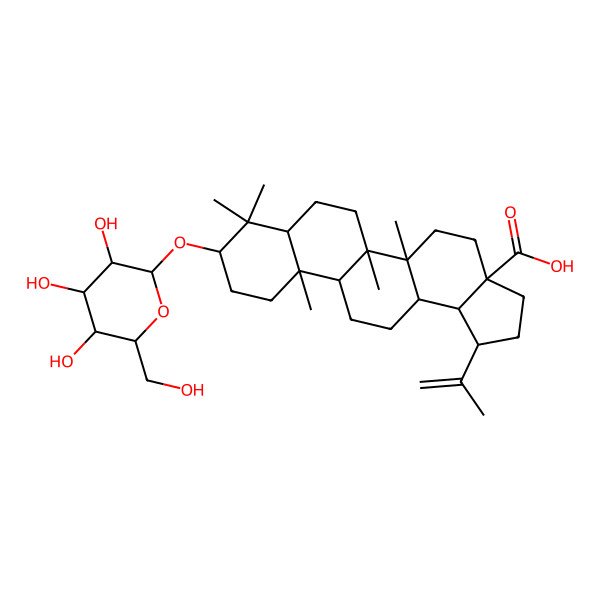 2D Structure of (1R,3aS,5aR,5bR,7aR,9R,11aR,11bR,13aR,13bR)-5a,5b,8,8,11a-pentamethyl-1-prop-1-en-2-yl-9-[(2R,3R,4S,5S,6R)-3,4,5-trihydroxy-6-(hydroxymethyl)oxan-2-yl]oxy-1,2,3,4,5,6,7,7a,9,10,11,11b,12,13,13a,13b-hexadecahydrocyclopenta[a]chrysene-3a-carboxylic acid