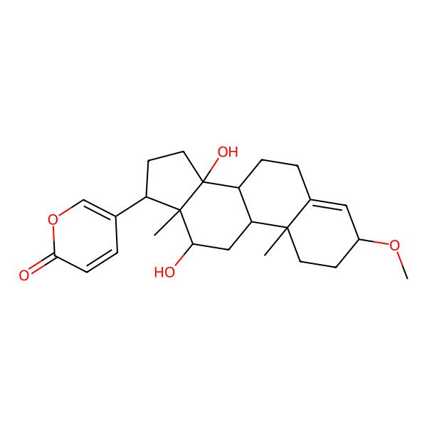 2D Structure of 5-[(3R,8R,9S,10R,12R,13S,14S,17R)-12,14-dihydroxy-3-methoxy-10,13-dimethyl-1,2,3,6,7,8,9,11,12,15,16,17-dodecahydrocyclopenta[a]phenanthren-17-yl]pyran-2-one