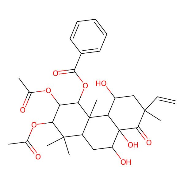 2D Structure of [(2S,3S,4R,4aS,4bS,5R,7R,8aR,9R,10aS)-2,3-diacetyloxy-7-ethenyl-5,8a,9-trihydroxy-1,1,4a,7-tetramethyl-8-oxo-3,4,4b,5,6,9,10,10a-octahydro-2H-phenanthren-4-yl] benzoate