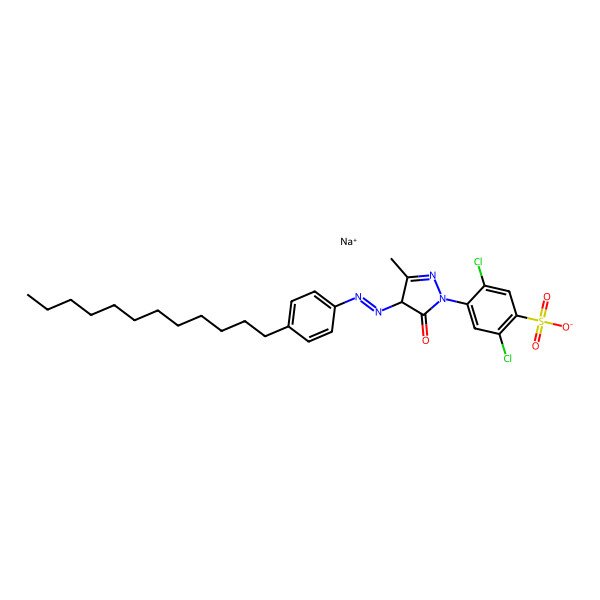 2D Structure of Benzenesulfonic acid, 2,5-dichloro-4-[4-[2-(4-dodecylphenyl)diazenyl]-4,5-dihydro-3-methyl-5-oxo-1H-pyrazol-1-yl]-, sodium salt (1:1)